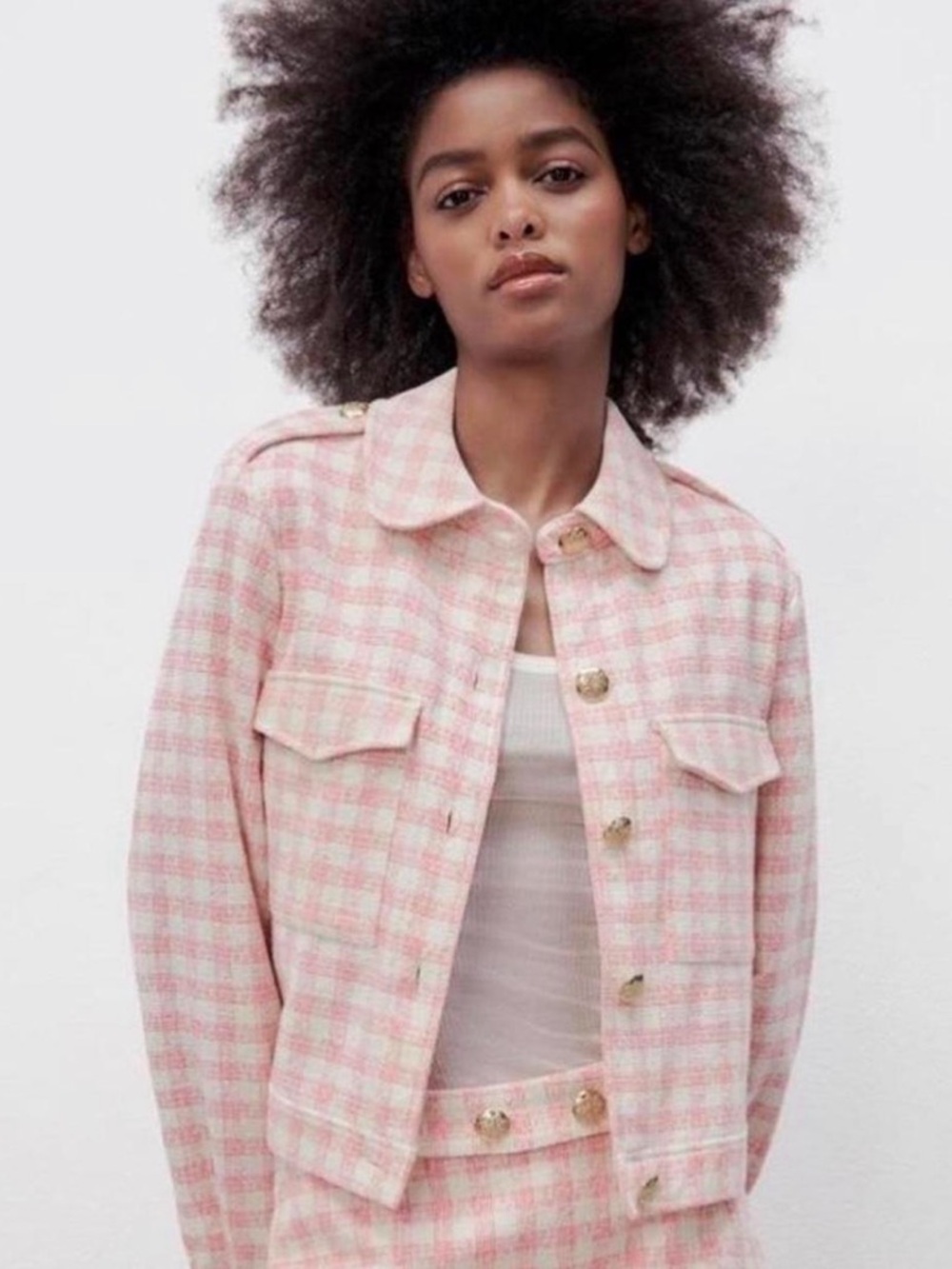 Zara Pink Tweed Cropped Jacket Women’s Large Checked Plaid Gold Button Blazer